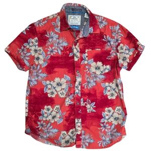 Red and Blue Casual Button Down Shirt with Floral Design